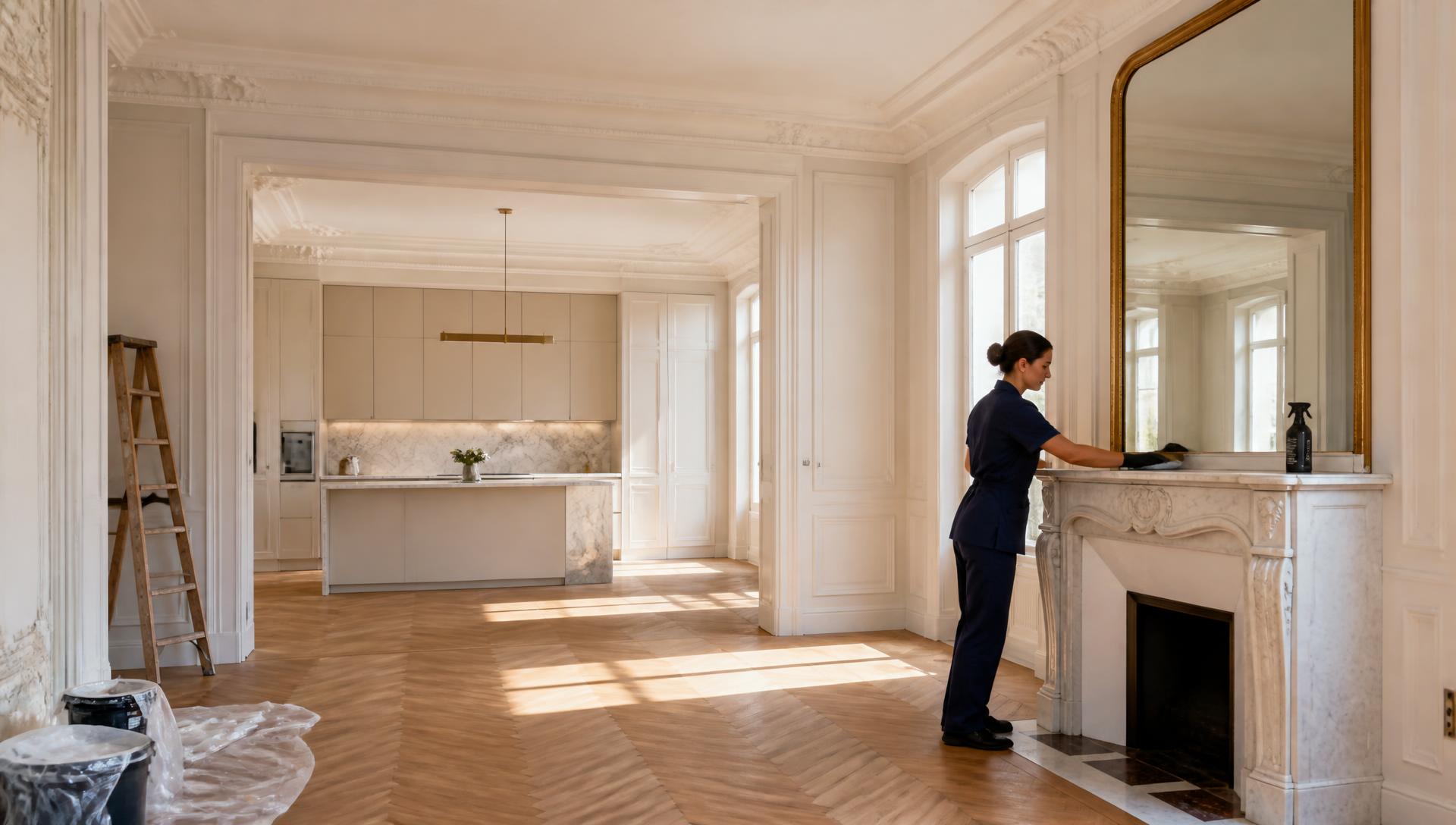 Appartement parisien après travaux, nettoyage professionnel en cours dans un salon lumineux