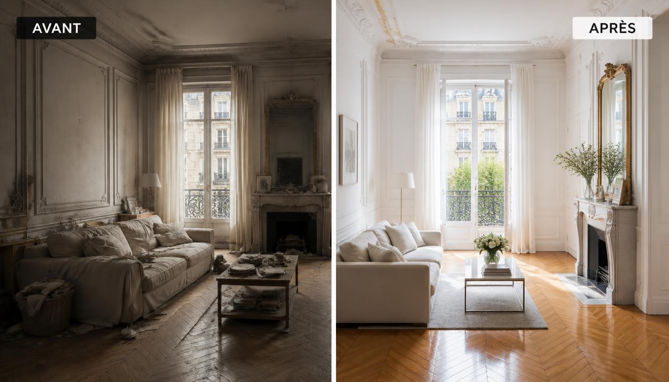 Avant / Après — salon d'appartement parisien nettoyé et remis en état