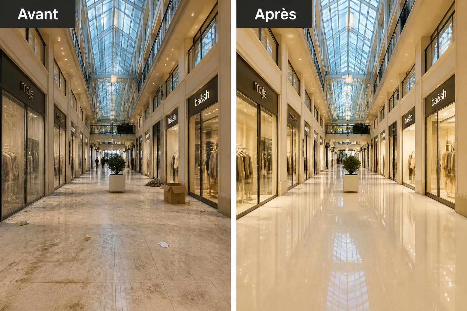 Avant / Après — galerie marchande et centre commercial parisien nettoyé et remis en état