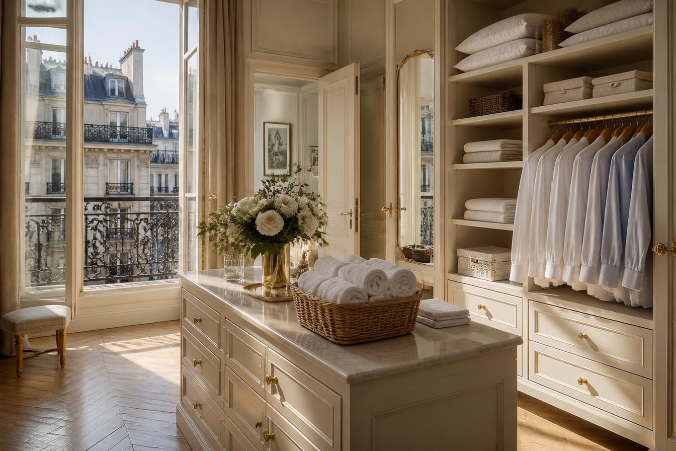 Dressing parisien luxueux parfaitement organisé avec linge plié et chemises suspendues