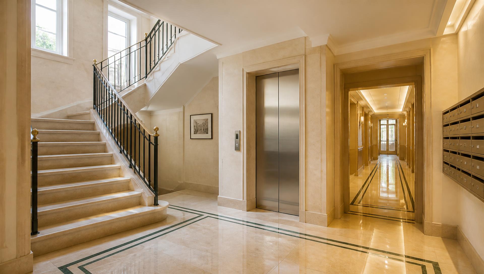 Hall d'immeuble parisien élégant avec escalier, ascenseur et couloir commun