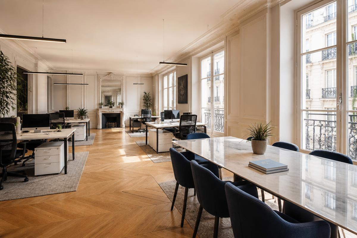Bureaux parisiens modernes et lumineux après nettoyage professionnel